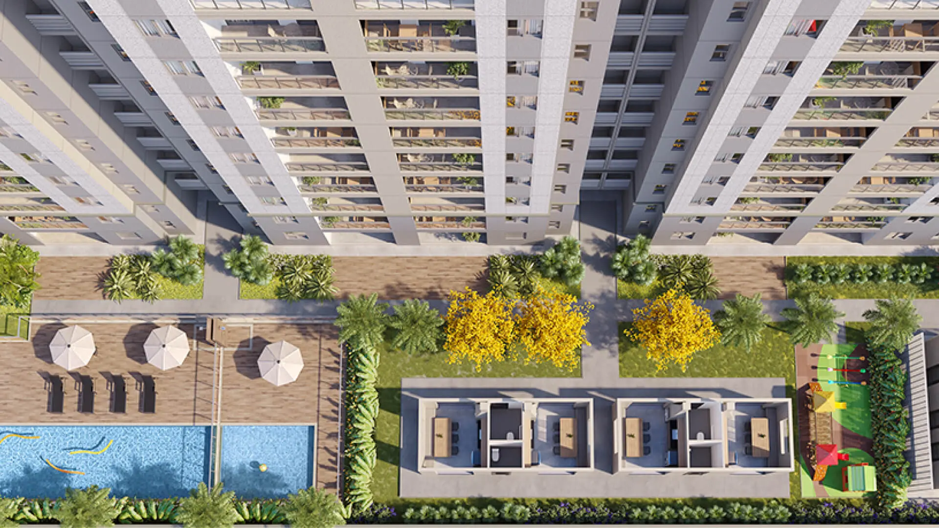 Vista aérea da área de lazer com piscinas, churrasqueira do Lumi Tower Residences