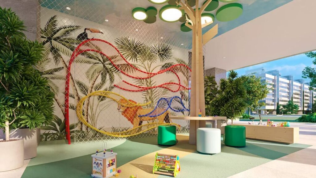 Brinquedoteca lúdica do Residencial Yard com parede de escalada de cordas coloridas sobre mural de leão e tucano, mesa com puffs infantis e vista externa de um Apartamento 3 Quartos Noroeste - Residencial Yard em Brasília.