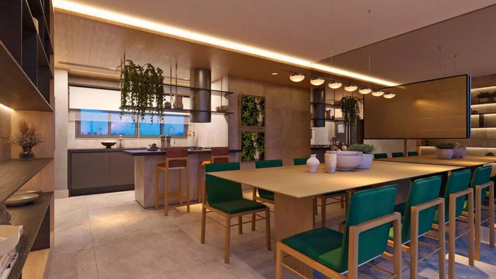 Espaço gourmet de alto padrão com mesa de jantar em madeira para oito pessoas, cadeiras verdes, ilha de cozinha moderna e integração com varanda em um Apartamento 3 Quartos Noroeste - Residencial Yard.