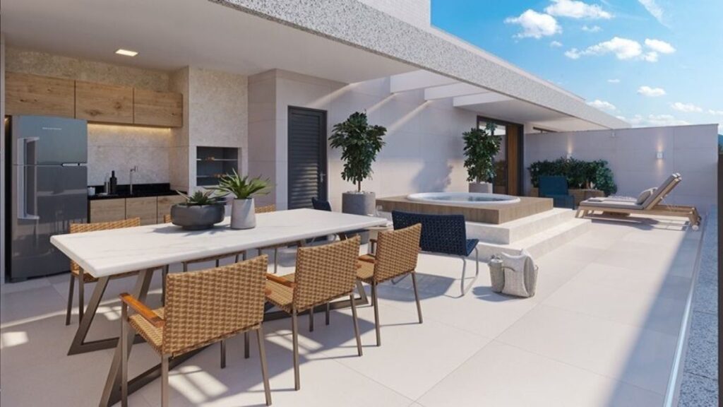 Deck de madeira com hidromassagem circular na cobertura de um prédio, com espreguiçadeiras e vista externa, ideal para um apartamento 2 quartos Noroeste.