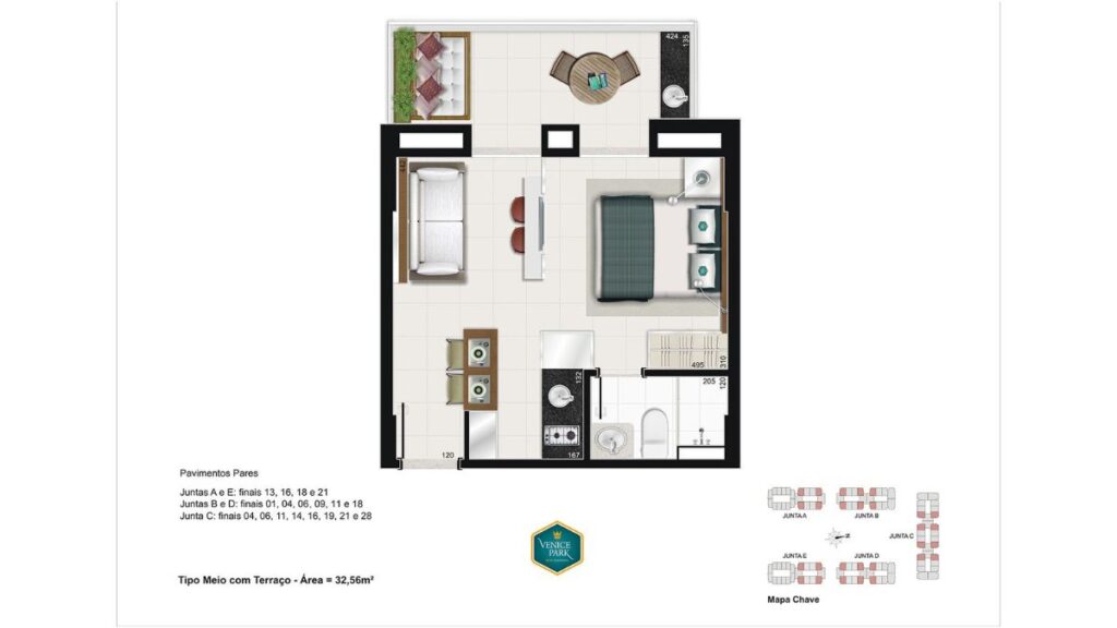 Planta Tipo Meio com 1 quarto – Venice Park Planta humanizada de um apartamento de 1 quarto no Venice Park, apresentando varanda de convivência, suíte, sala de estar integrada à cozinha e área de serviço.