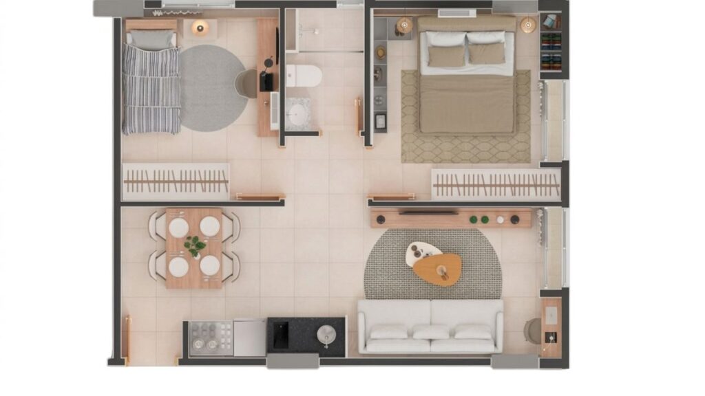 Planta Humanizada 2 Quartos – Venice Park Planta humanizada de um apartamento no Venice Park com 2 quartos, sendo um dormitório de casal com cama queen e um dormitório de solteiro com bancada de estudos, além de banheiro social, cozinha linear integrada, sala de jantar para quatro pessoas e sala de estar com pequeno escritório lateral.