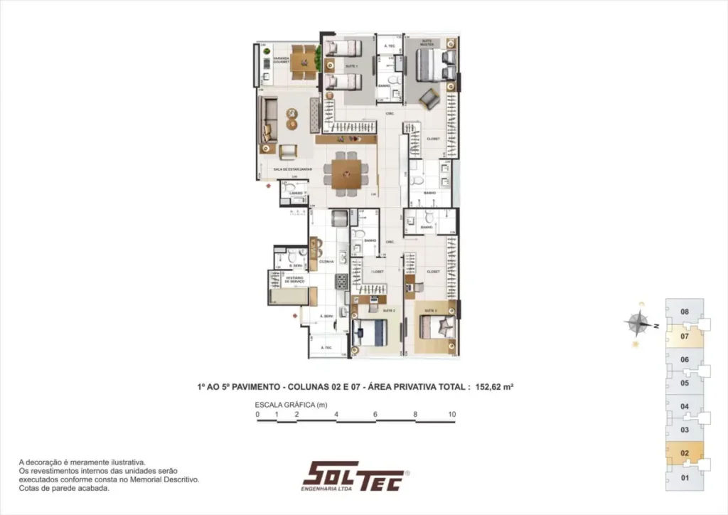 Planta humanizada de um Apartamento 4 Quartos Noroeste - Residencial Singular, apresentando 4 suítes, sala com dois ambientes e varanda gourmet integrada à cozinha.