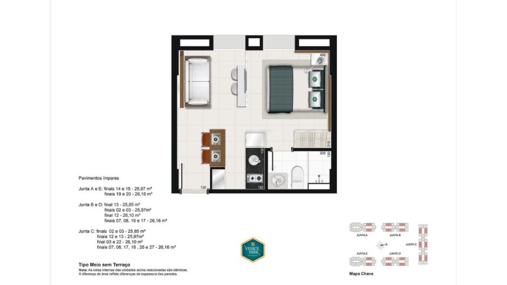Planta Studio Tipo Meio – Venice Park Planta humanizada de um apartamento studio no Venice Park, apresentando ambiente integrado com dormitório, sala de estar, mesa de jantar, cozinha americana e banheiro social.