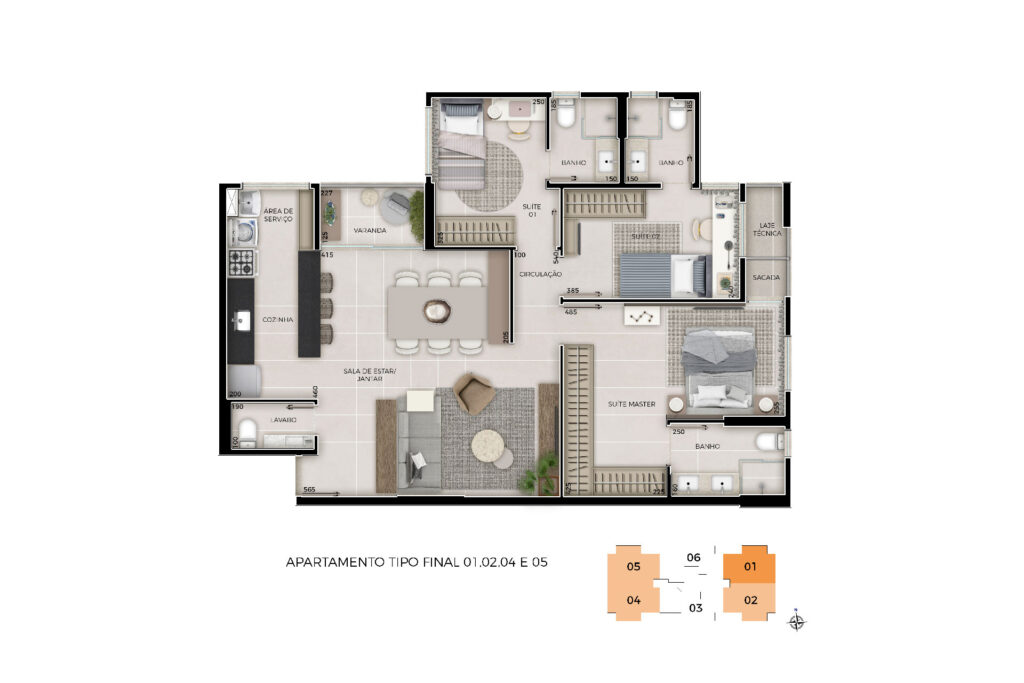 Planta baixa humanizada de um apartamento de canto no Residencial Unité em Águas Claras, detalhando a ventilação diferenciada e a disposição das três suítes e salas integradas.