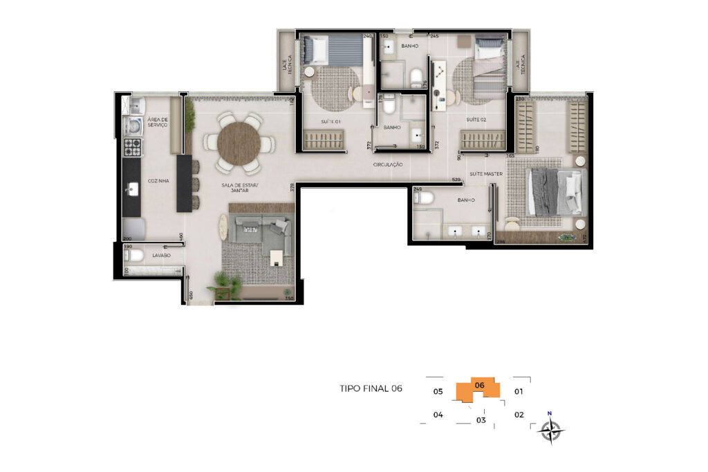 Planta baixa humanizada de um apartamento de meio no Residencial Unité em Águas Claras, destacando a integração da sala com a varanda e a disposição das três suítes.
