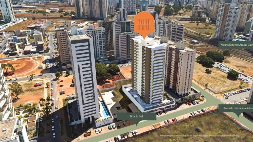 Vista aérea do Residencial Unité em Águas Claras com destaque para as torres e localização próxima ao metrô.