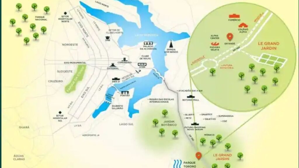 Ilustração de um mapa de localização de Brasília destacando o Lago Paranoá, o Plano Piloto e a facilidade de acesso a um Lote Jardim Botânico no condomínio residencial Le Grand Jardin pela rodovia DF-140.