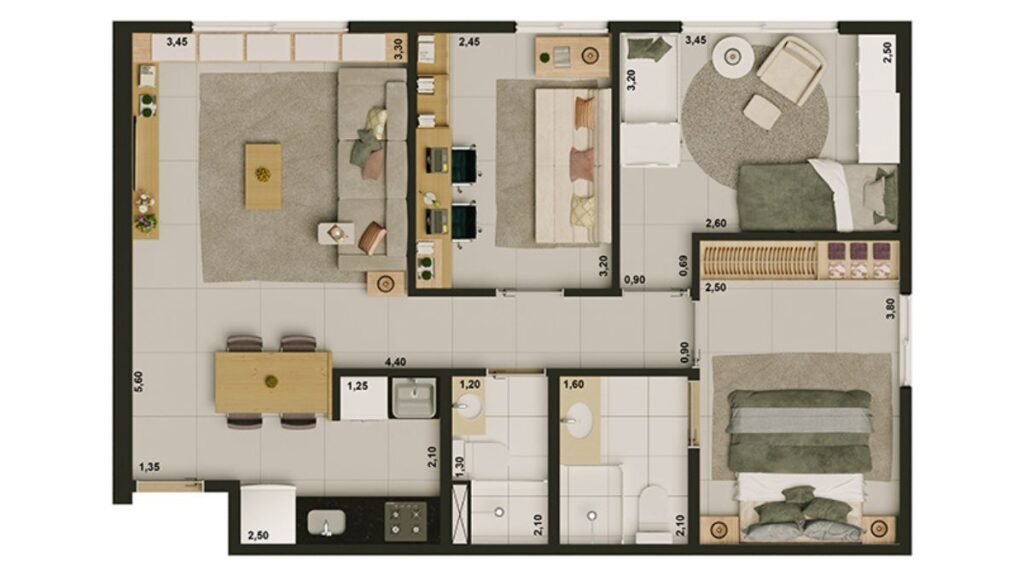 Planta baixa humanizada e mobiliada em vista superior de um apartamento de 3 quartos do condomínio Portal do Parque I. O desenho técnico exibe uma ampla sala de estar e jantar integrada, cozinha americana com bancada escura, um home office, banheiro social, dois quartos de solteiro e uma suíte de casal com banheiro privativo.