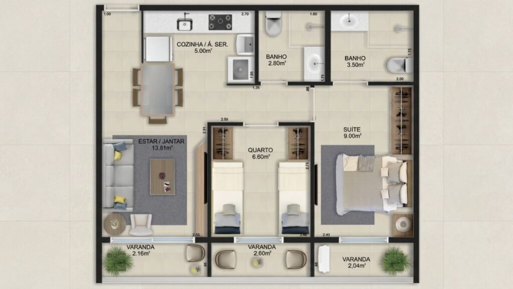 Planta baixa humanizada e decorada de um apartamento de 2 quartos do Residencial Quadra Parque Gama. O desenho técnico exibe a divisão dos cômodos com mobília simulada, incluindo uma suíte, um quarto com duas camas de solteiro, sala de estar e jantar integrada, cozinha com área de serviço, dois banheiros e três varandas conectadas.