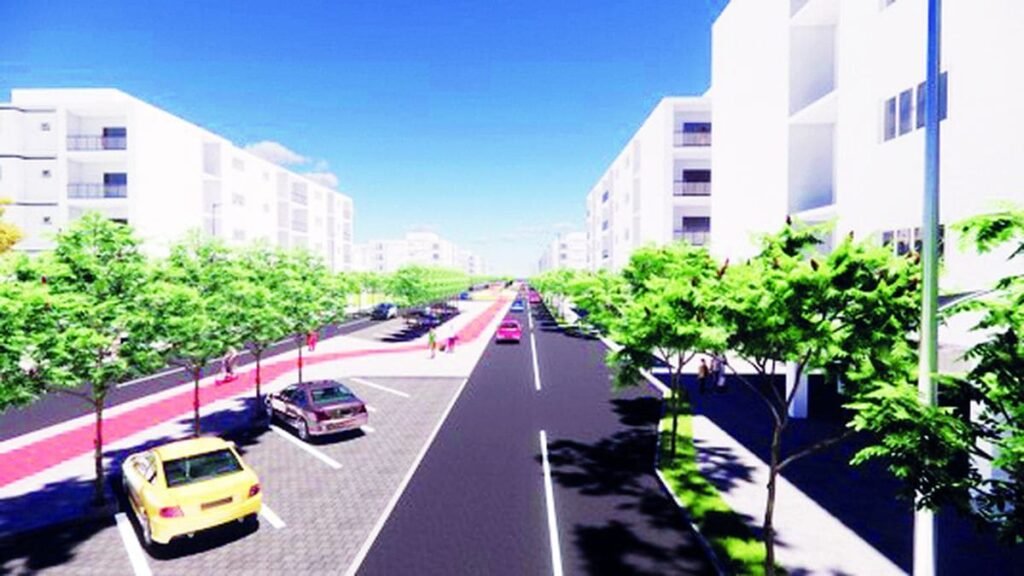 Nova Quadra QE 60 do Guará II: O Novo Polo de Desenvolvimento e Valorização Urbana no Distrito Federal 2 Vista de rua planejada com edifícios residenciais e carros estacionados na QE 60 Guará II