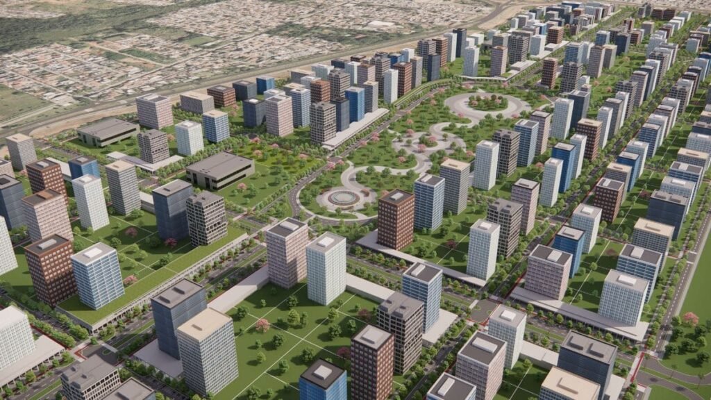 Setor Jóquei Clube: O Novo Bairro Planejado e Polo de Valorização no Distrito Federal 2 Maquete eletrônica em visão aérea panorâmica do masterplan do Setor Jóquei Clube, mostrando edifícios, praças e sistema viário