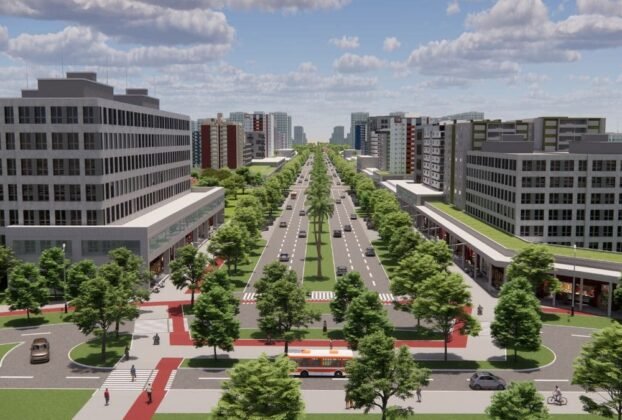 Setor Jóquei Clube: O Novo Bairro Planejado e Polo de Valorização no Distrito Federal 1 Perspectiva aérea de avenida planejada com edifícios modernos e ciclovias no Setor Jóquei Clube