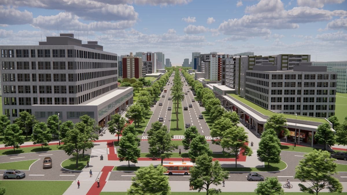 Setor Jóquei Clube: O Novo Bairro Planejado e Polo de Valorização no Distrito Federal 1 Perspectiva aérea de avenida planejada com edifícios modernos e ciclovias no Setor Jóquei Clube