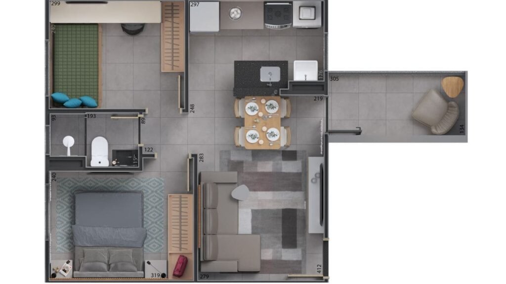 Planta baixa humanizada de apartamento de 2 quartos com varanda, sala de estar, cozinha e banheiro no residencial Nexus Taguatinga.