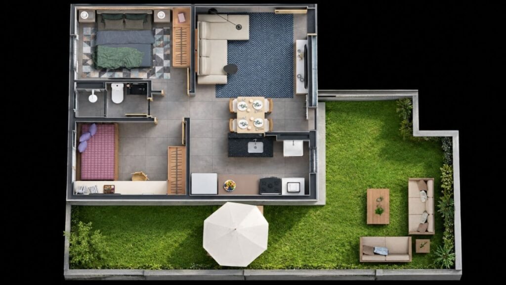 Planta baixa humanizada de apartamento de 2 quartos com amplo quintal garden gramado no residencial Nexus Taguatinga