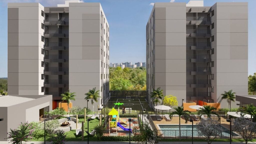 Vista panorâmica da área de lazer com playground, piscina, quadra e praça do condomínio Nexus Taguatinga entre os blocos residenciais